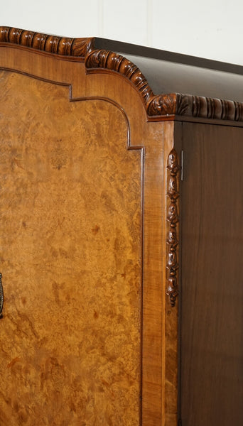 Victorian queen anne burr walnut heavily carved triple door wardrobe – A rare vintage treasure
