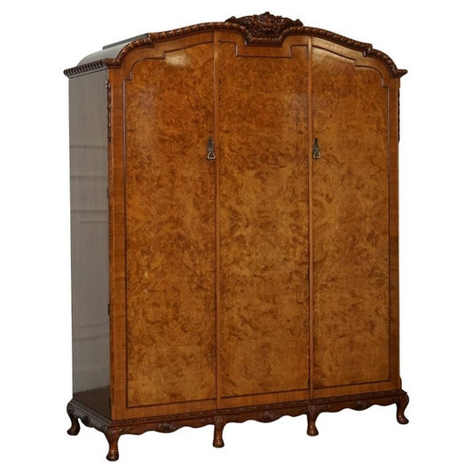 Victorian queen anne burr walnut heavily carved triple door wardrobe – A rare vintage treasure
